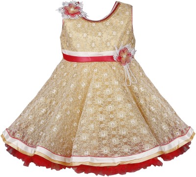 Wishkaro Girls Midi/Knee Length Party Dress(Beige, Sleeveless)