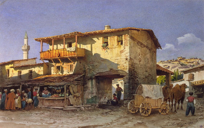 

old painting kasba village with villagers shoppkeepers HD Wallpaper on Art Paper Fine Art Print(19 inch X 13 inch, Rolled)