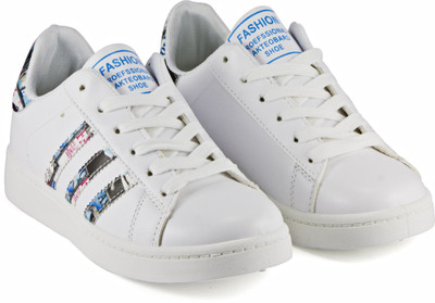 

DeVEE Printed Strips Skateboard Blue Sneakers For Women(White, Blue