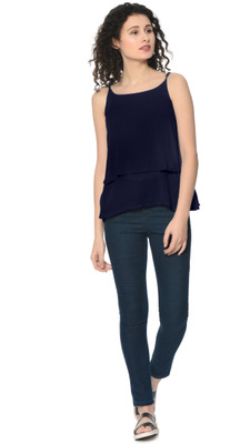 HRIKSHIKA FASHION Casual No Sleeve Solid Women Dark Blue Top
