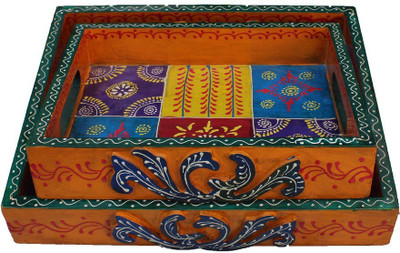 

Crafticia Indian Wooden Serving Trays Set Of 2 Handmade Gift Item For Home Decor Pink City Showpiece Wooden Decorative Platter(Multicolor, Pack of 2)