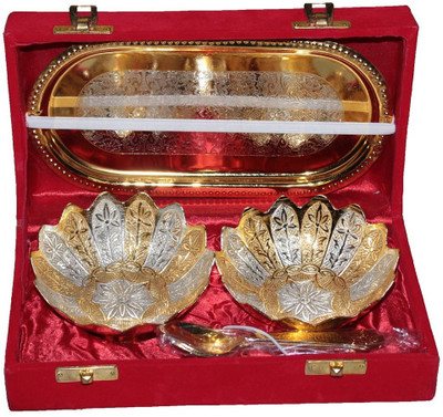 

Crafticia Indian German Silver Double Lotus Bowl with Plate & Spoon (Golden & Silver) Handmade Gift Item For Home Decor Pink City Showpiece Aluminium, Nickel Decorative Platter(Multicolor, Pack of 5)