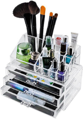 

Kaanchi House 16 Slot plus 3 Drawers Cosmetic Arrangement Box Organizer Makeup, Jewellery, MultiPurpose Vanity Box(Transparent)