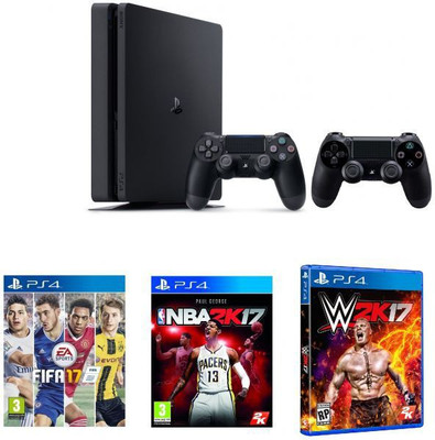 Sony PlayStation 4 500GB Slim with extra Controllers 500 GB with Fifa 17, NBA 2K17, WWE 2k17(Black)