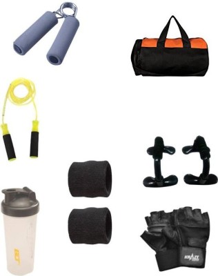 

Solutions24x7 best combo of 1 gym bag, 1 gym gloves, 1 Skipping Rope, 1 Hand Grip, 1 Water Sipper, push up bar and Hand bands Gym & Fitness Kit