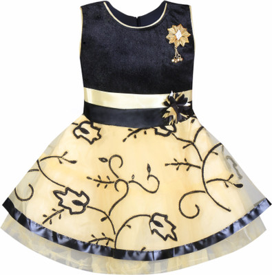

mkb Girls Midi/Knee Length Casual Dress(Black, Sleeveless, Velvet and net