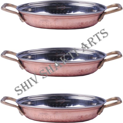 Shivshakti Arts Set Of 3 Handmade Pure Hammered Designed Steel Copper Platter No 1 Tray With Brass Handles Serveware Dinnerware Hotelware Kitchenware Tray Set(Pack of 3)