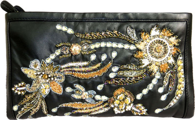 

KAWAII Black Leather Zari Embossed Zipper Pouch(Black)