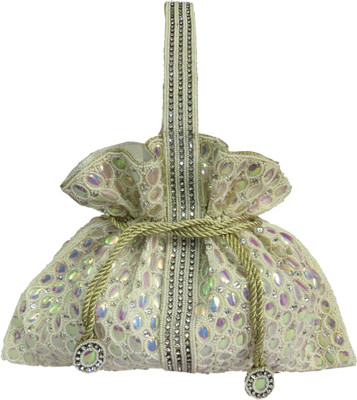 

KAWAII Rainbow Sequins Beaded Beige Satin Bag Potli(Beige)