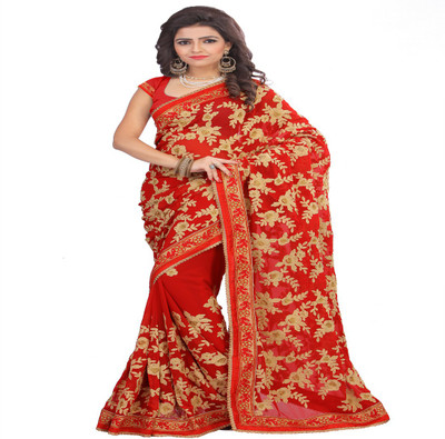 ARSHIMPEX Embroidered Fashion Poly Georgette Saree(Red, Gold)