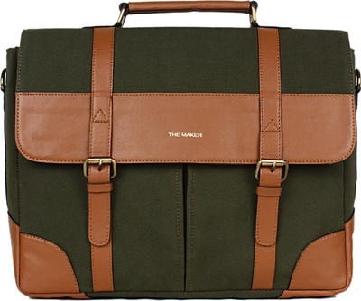 

The Maker Green And Tan Leather And Canvas Office Briefcase Medium Briefcase - For Boys & Girls(Green, Tan)