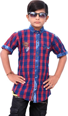 

JG FORCEMAN Boys Checkered Casual Maroon, Dark Blue Shirt, Maroon;navi blue