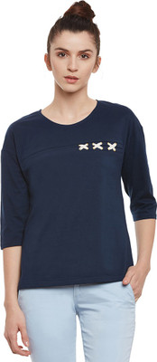 Miss Chase Casual 3/4 Sleeve Solid Women Dark Blue Top
