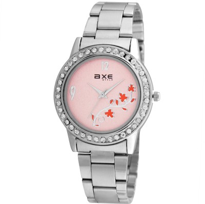 AXE Style X2228SM06 Silver Metal Strap Flower Printed Pink Dial Watch  - For Women   Watches  (AXE Style)