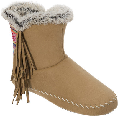 

Dearfoams Microsuede Fringe Bootie with Memory Foam Boots For Women(Beige