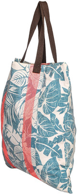 

Jungli Murgi Blue and White Leaves Printed Tote with bright pink Embroidered stripes Multipurpose Bag(Multicolor, 15 L)