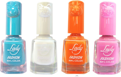 Lady Fashion Colour Cap Insta Dry Nail polish (Evergreen Colours) Blue,White,Orange,Pink(Pack of 4)