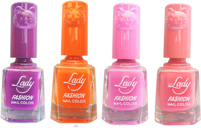 

Lady Fashion Colour Cap Insta Dry Nail polish (Evergreen Colours) Purple,Orange,Pink,Pink(Pack of 4)