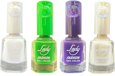 

Lady Fashion Colour Cap Insta Dry Nail polish (Evergreen Colours) White,Green,Purple,White(Pack of 4)