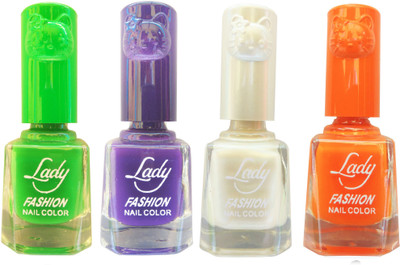 

Lady Fashion Colour Cap Insta Dry Nail polish (Evergreen Colours) Green,Purple,White,Orange(Pack of 4)