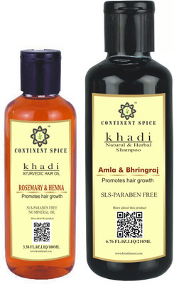 

Continent Spice Khadi Ayurvedic Hair Growth Oil - Rosemary & Henna (100 ml) With Khadi Amla & Bhringraj Shampoo (210 ml) SLS & Paraben Free-CS682005(Set of 2)