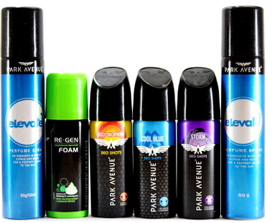 

Park Avenue Elevate, Cool Blue, Storm, Good Morning and Shaving Foam - 6 Pcs Pack Deodorant Spray - For Men(231 g, Pack of 6)