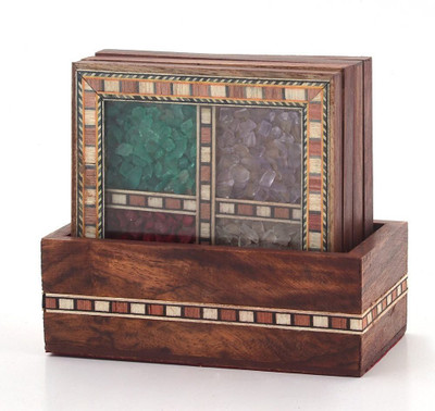

GREENTOUCH 4 Compartments Wood antique Design Gemstone Tea Coaster Set(Brown)