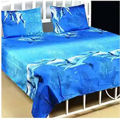 Textile home 250 TC Microfiber Double 3D Printed Flat Bedsheet(Pack of 1, Blue)