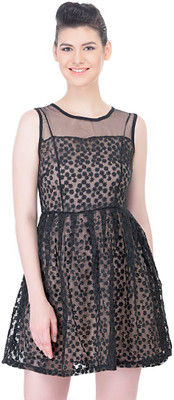 N-gal Women Fit and Flare Black Knee Length Dress
