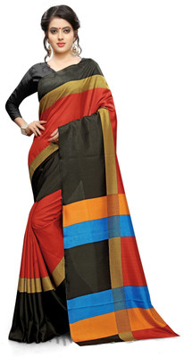 AJS Applique, Striped, Self Design, Printed Paithani Cotton Linen Blend Saree(Black, Red) available at flipkart for Rs.799