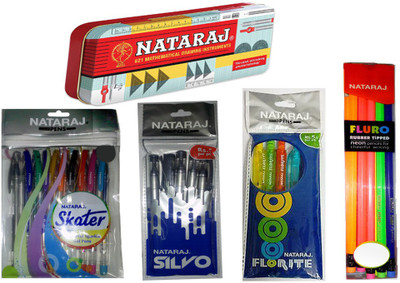 NATARAJ Combo Pack of 1 Nataraj Geometry Box + 10 Nataraj Fluro Rubber Tipped Neon Pencils + 1 Set Nataraj Skater Colourful Sparkle Gel Pen + 10 Nataraj Silvo Ball Pen + 10 Nataraj Florite Ball Pen + 1 Free Pouch With Combo STATIONERY SET available at flipkart for Rs.400