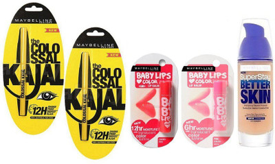

Maybelline Colossal kajal pack Of 2,Better Skin Foundationspf20,Pinklolita,Cherry Kiss Lipbalm(Set of 5)