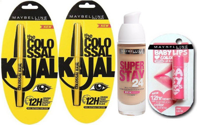 

Maybelline Colossal Kajal Pack Of 2,Pinklolita Lipbalm,24Super Stay Foundation Spf19(Set of 3)