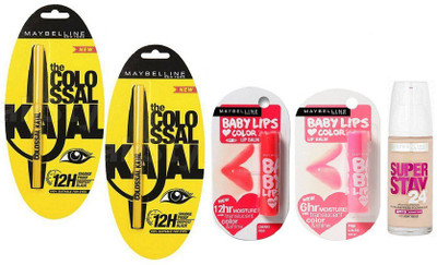 

Maybelline Colossal Kajal 2,Pinklolita,Cherry kiss Lipbalm,Foundation(Set of 5)