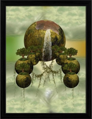 Artzfolio Floating Islands With Trees Framed Wall Art Painting Print Canvas 23.3 inch x 18 inch Painting(With Frame)