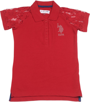 

US Polo Kids Girls Solid Cotton T Shirt, Red