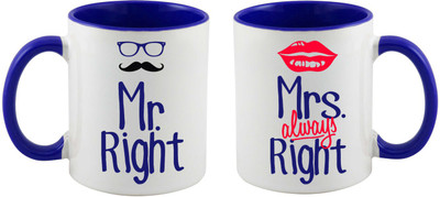 

Thirsty Guys Mr. Right and Mrs. Always Right Ceramic Mug(325 ml, Pack of 2), Blue;white