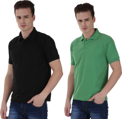 NCY Solid Men Polo Neck Dark Blue, Green T-Shirt(Pack of 2)