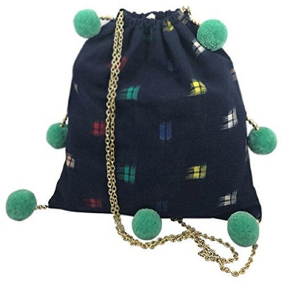 

Jungli Murgi Jungli Murgi Dark Blue Ikat Sling Bag with Green Pompoms and gold chain Sling Bag(Dark Blue, 11 inch)