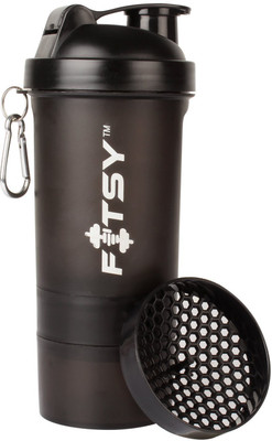 

FITSY Protein Gym Bottle with 2 Storage Compartments Cups - 500 ml Shaker(Pack of 1, Black)
