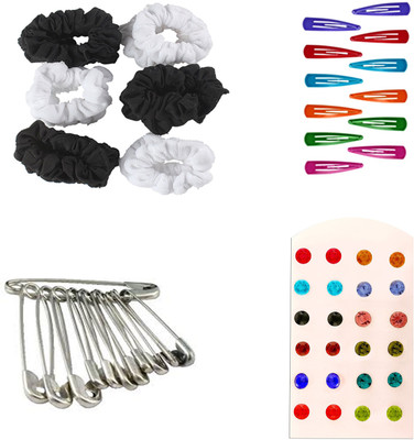 

AccessHer Daily Essentials Hair accessories Combo for Women: Rubber Band, Safety pins, Tiktak pins, Studs Rubber Band(Multicolor)