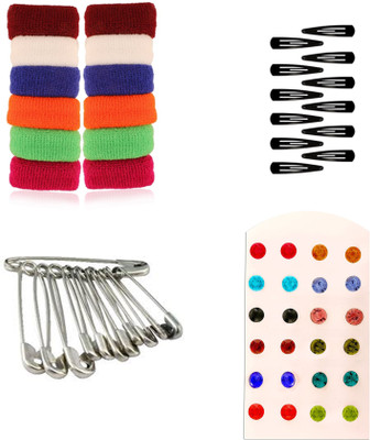 

AccessHer Daily Essentials Hair accessories Combo for Women: Rubber Band, Safety pins, Tiktak pins, Studs Rubber Band(Multicolor)