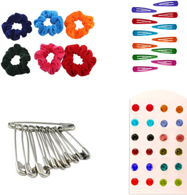 

AccessHer Daily Essentials Hair accessories Combo for Women: Rubber Band, Safety pins, Tiktak pins, Studs Rubber Band(Multicolor)