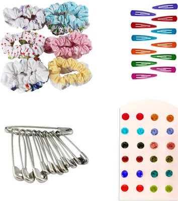 

AccessHer Daily Essentials Hair accessories Combo for Women: Rubber Band, Safety pins, Tiktak pins, Studs Rubber Band(Multicolor)
