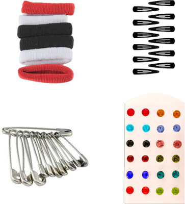 

AccessHer Daily Essentials Hair accessories Combo for Women: Rubber Band, Safety pins, Tiktak pins, Studs Rubber Band(Multicolor)