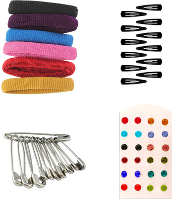 

AccessHer Daily Essentials Hair accessories Combo for Women: Rubber Band, Safety pins, Tiktak pins, Studs Rubber Band(Multicolor)