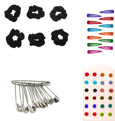 

AccessHer Daily Essentials Hair accessories Combo for Women: Rubber Band, Safety pins, Tiktak pins, Studs Rubber Band(Multicolor)