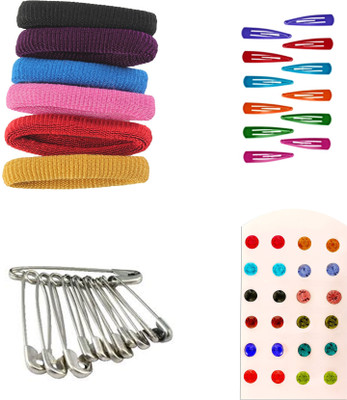 

AccessHer Daily Essentials Hair accessories Combo for Women: Rubber Band, Safety pins, Tiktak pins, Studs Rubber Band(Multicolor)