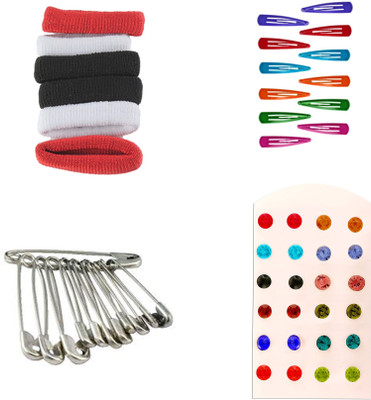 

AccessHer Daily Essentials Hair accessories Combo for Women: Rubber Band, Safety pins, Tiktak pins, Studs Rubber Band(Multicolor)