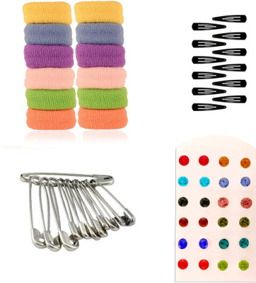

AccessHer Daily Essentials Hair accessories Combo for Women: Rubber Band, Safety pins, Tiktak pins, Studs Rubber Band(Multicolor)
